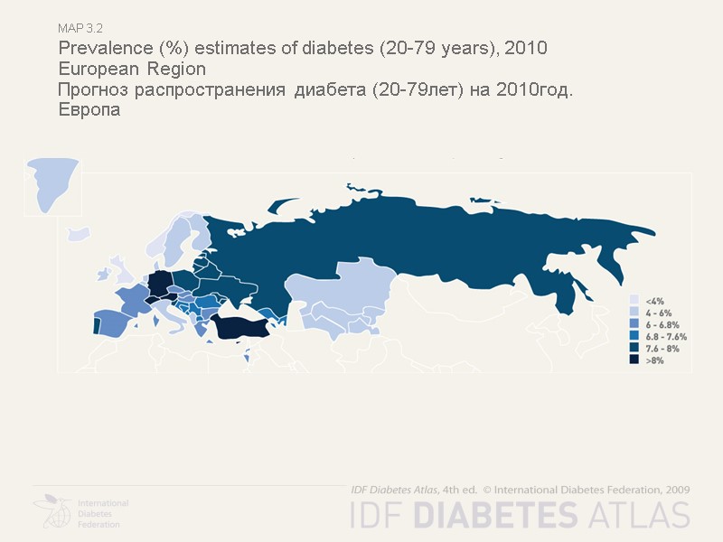 Map 3.2 Prevalence (%) estimates of diabetes (20-79 years), 2010 European Region Прогноз распространения